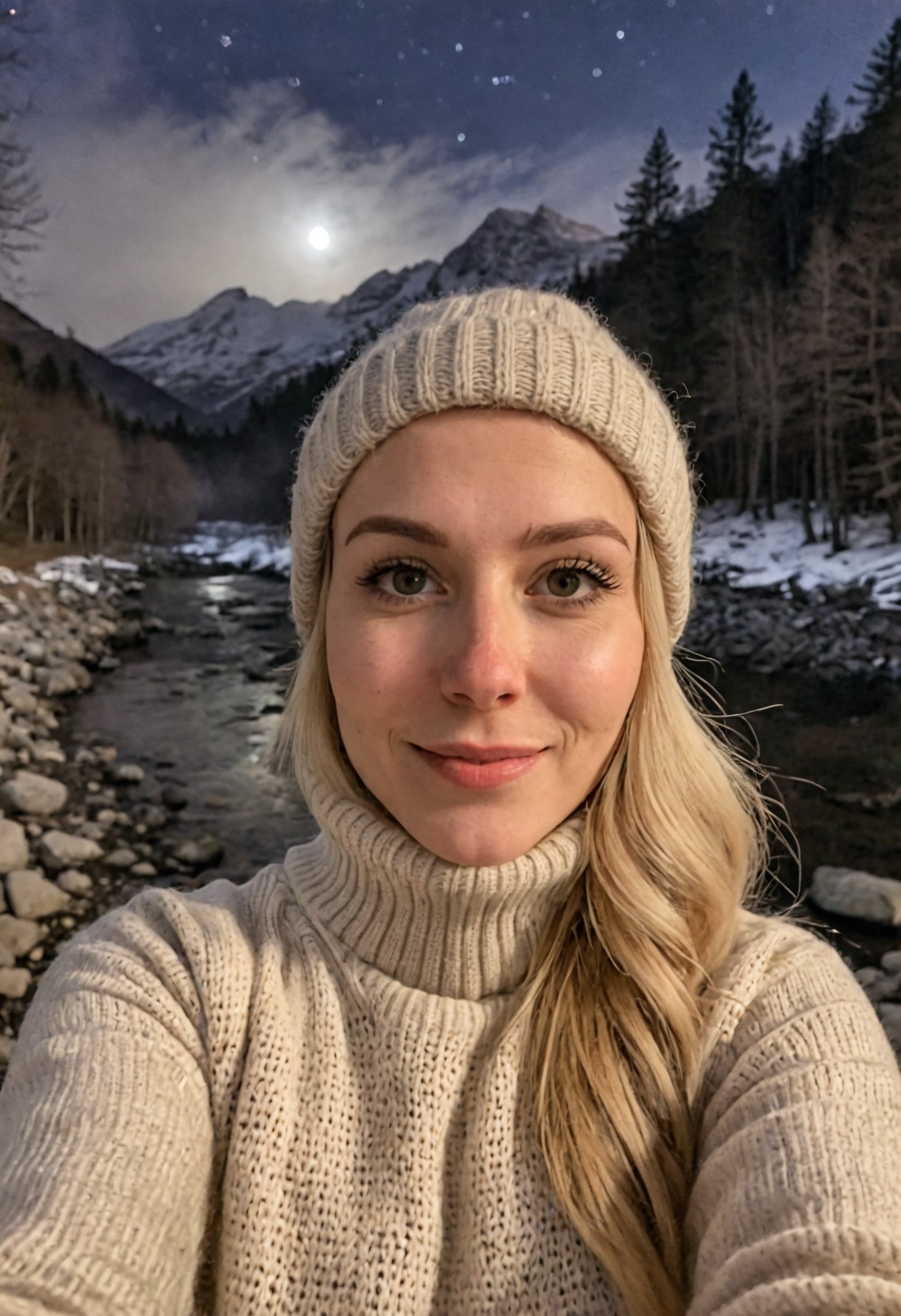 photograph, photo of woman with blonde hair, selfie, upper body, solo, wearing pullover, outdoors, (night), mountains, rea...